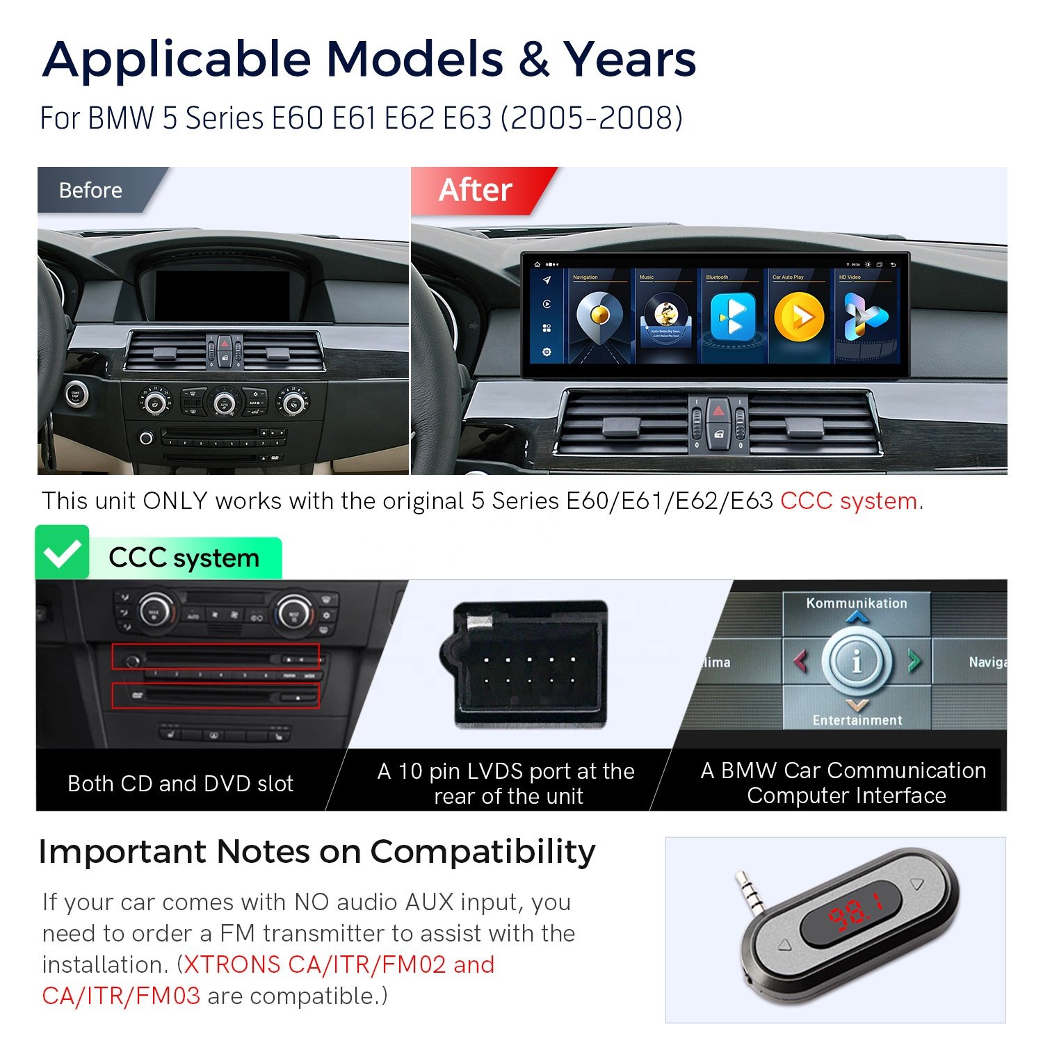XTRONS 14.9" Car Screen For BMW 5 Series E6 0E61 E62 2005-2008 Car Radio Android13 8Core Carplay 4G LTE Android Autoestereo