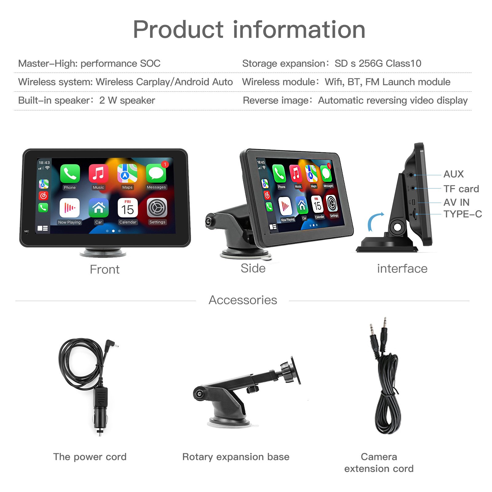 Carabc 7 inch portable Wireless Apple carplay screen with HD Touch Display navigation Rear Camera car sky carplay android auto