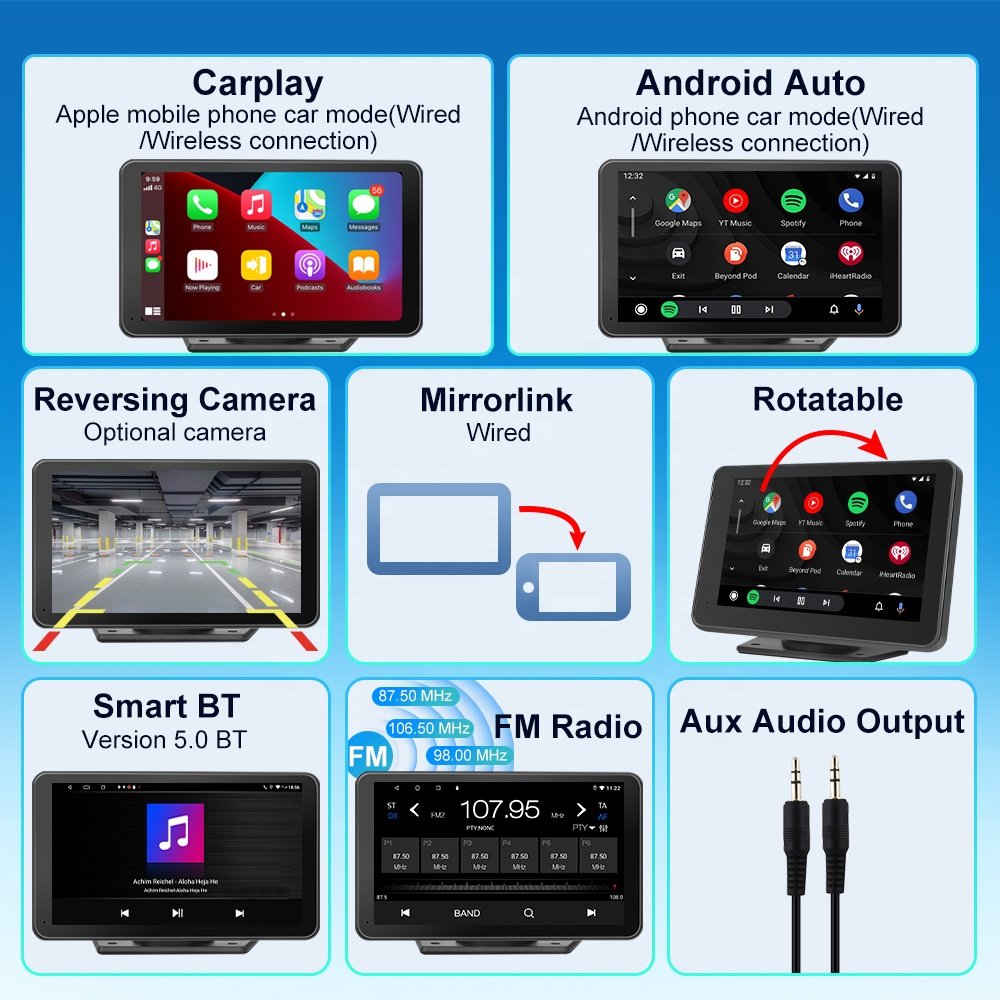 Jmance 7Inch Touch Screen Smart Wired Wireless Android Auto Mirror Link FM BT Portable CarPlay Player With Reversing Camera