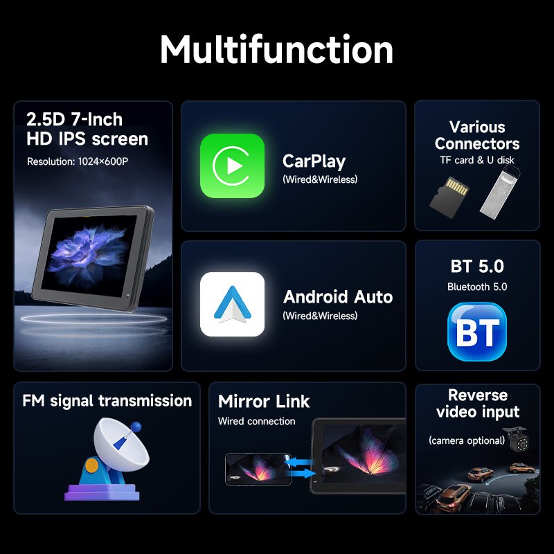 7 inch Wireless Carplay Car Screen for Car Compatible with 7 Inch Display Touch Screen Portable CarPlay & Android Auto