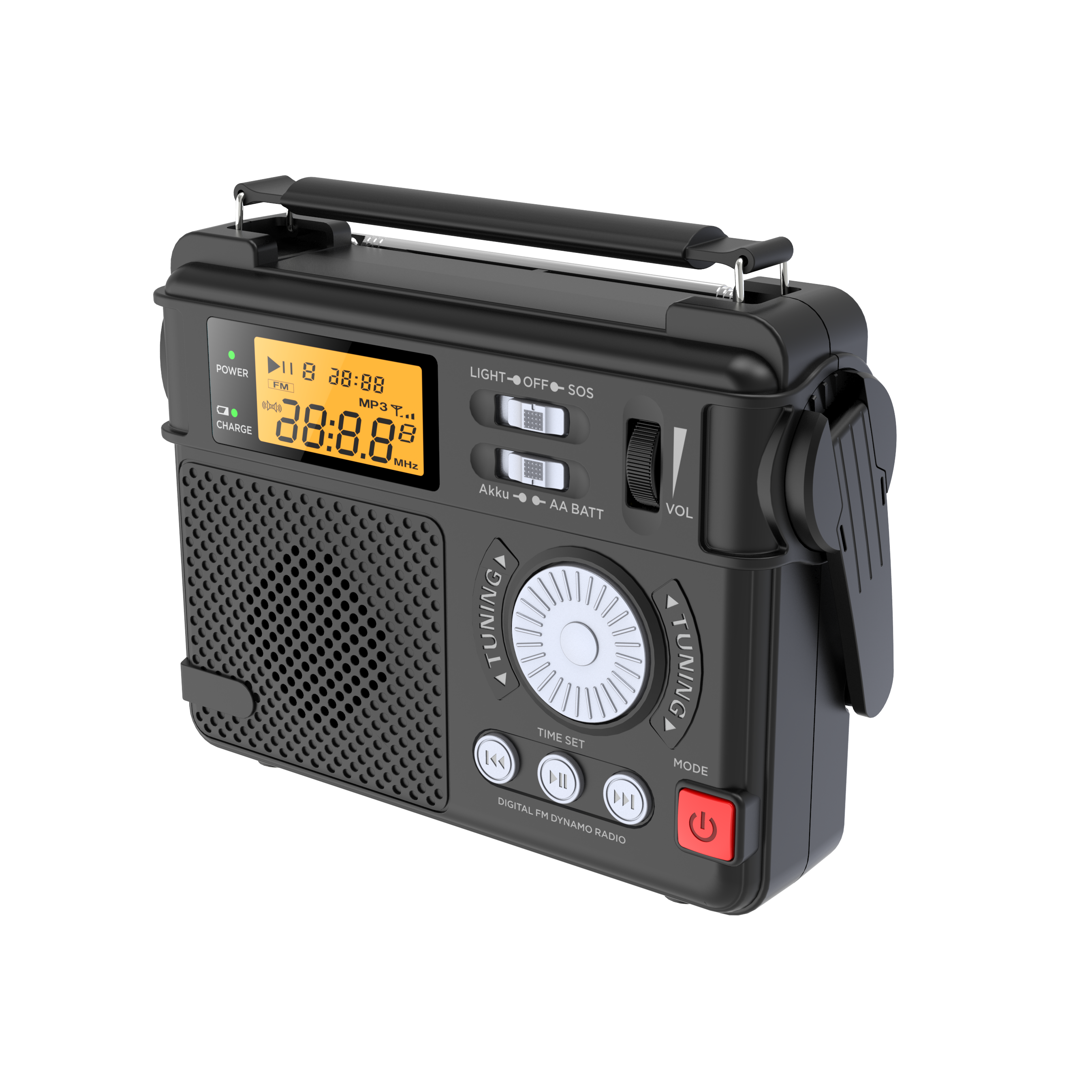 Camping emergency dynamo hand crank digital Radio with 3000 mAh Battery with FM Receiver SOS ,flashlight ,mp3 playback,wireless