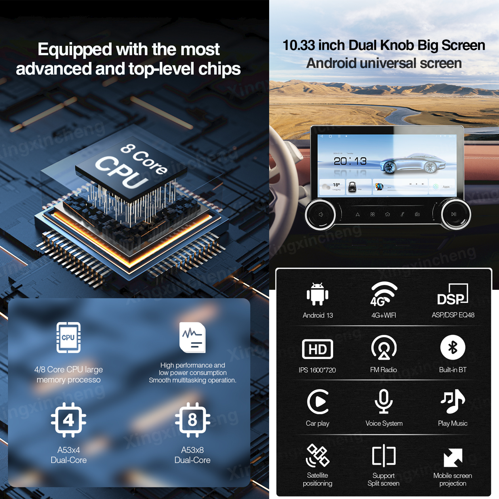 New 8Core 4+64G Android Car Radio Audio 10.33inch Multimedia Player Screen Carplay Android Auto WIFI&4G GPS 2 Knobs