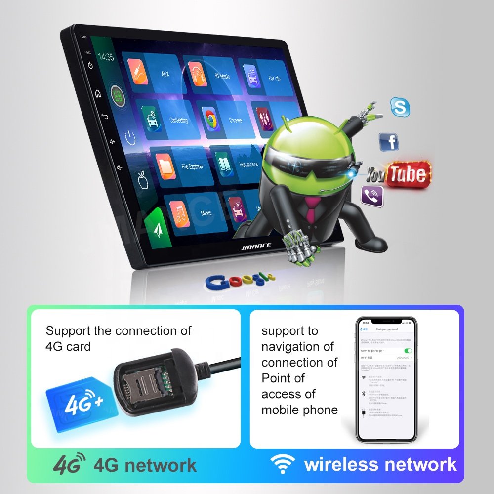 Jmance 10inch Headunit Ram 6GB Rom 128GB 4G BT5.0 Android auto Carplay 2 Din Car Multimedia Player With Accessories