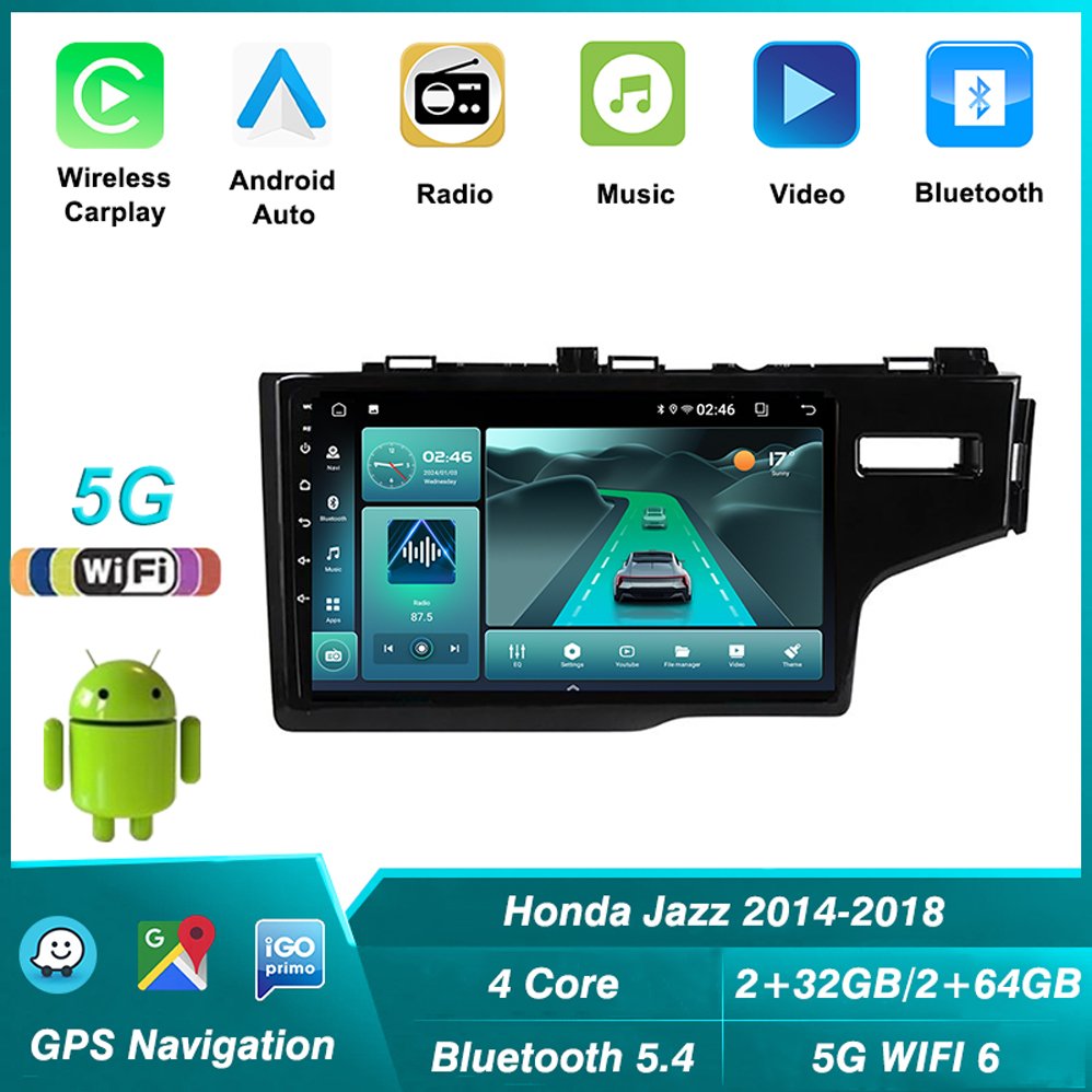 5G+2.4G Dual Band WiFi Car Radio Player For Honda Fit Jazz 2014- 2018 RHD Android Carplay Multimedia Video GPS Navigation BT5.4