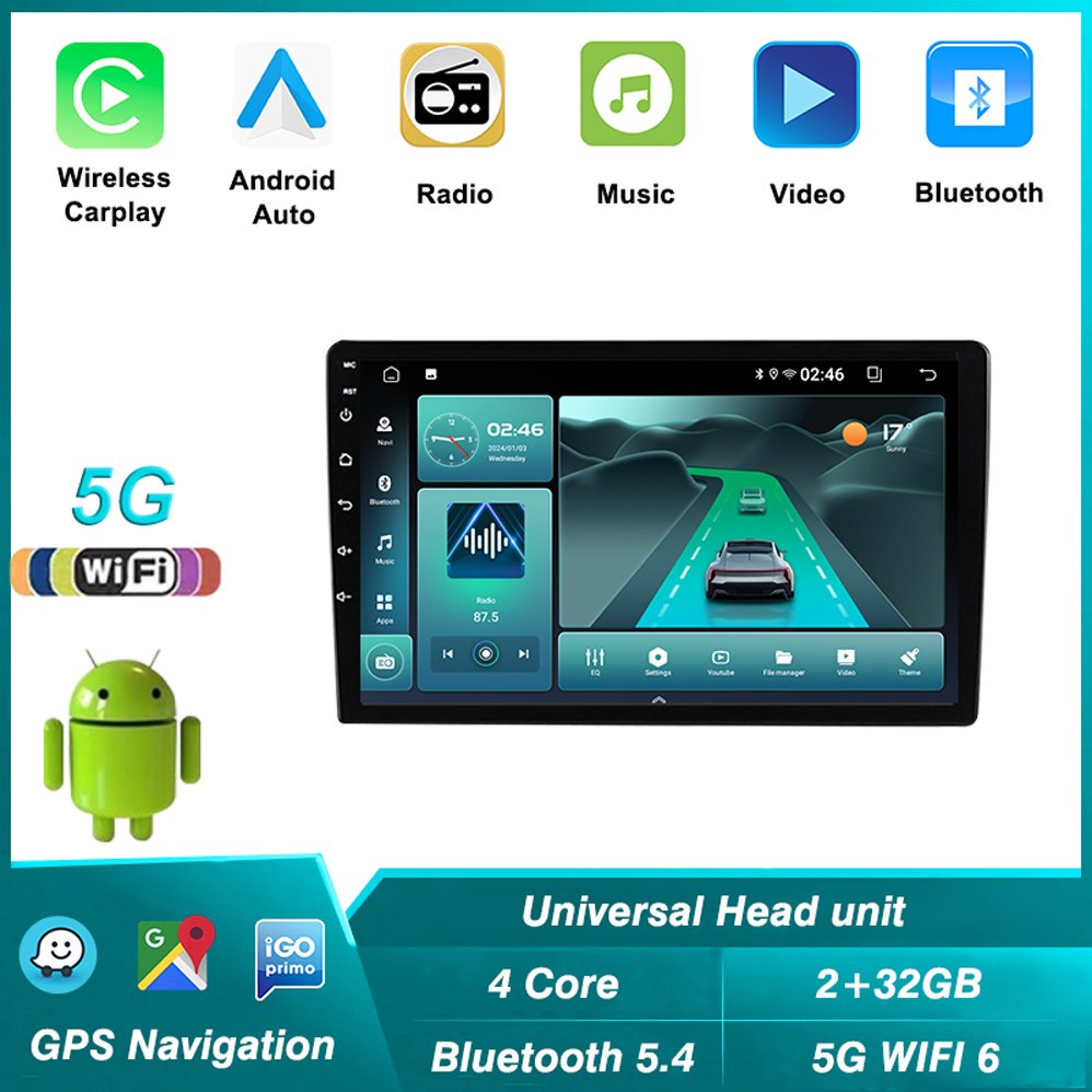 5G WIFI 6 wireless chip car video player 2GB+32GB GPS navigation BT5.4 android car radio universal head unit