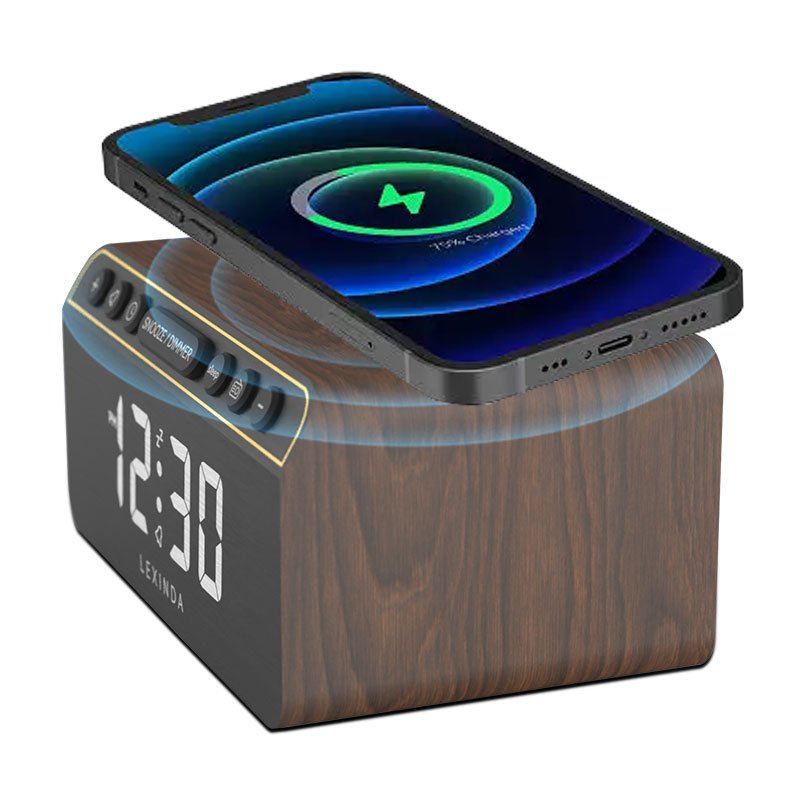 EMAF New Product Wooden Alarm Clock Wireless Charger FM radio Alarm Clock Wood Phone Qi Wireless Charger Alarm Clock