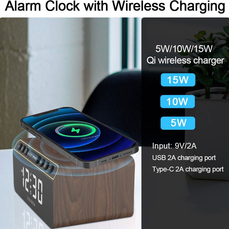EMAF New Product Wooden Alarm Clock Wireless Charger FM radio Alarm Clock Wood Phone Qi Wireless Charger Alarm Clock