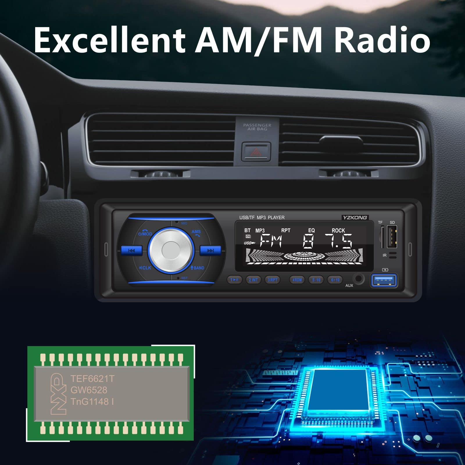 Single Din Car Audio Bluetooth Car Stereo Receiver with LCD Display AM/FM Radio MP3 Player USB SD AUX Port Built-in Microphone