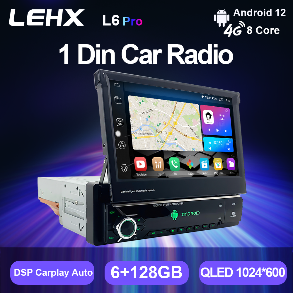 LEHX Android 12 Auto 1Din Multimedia Player 7'' Universal Retractable Screen Car Radio MP5 GPS Navigation Carplay 1 DIN Stereo