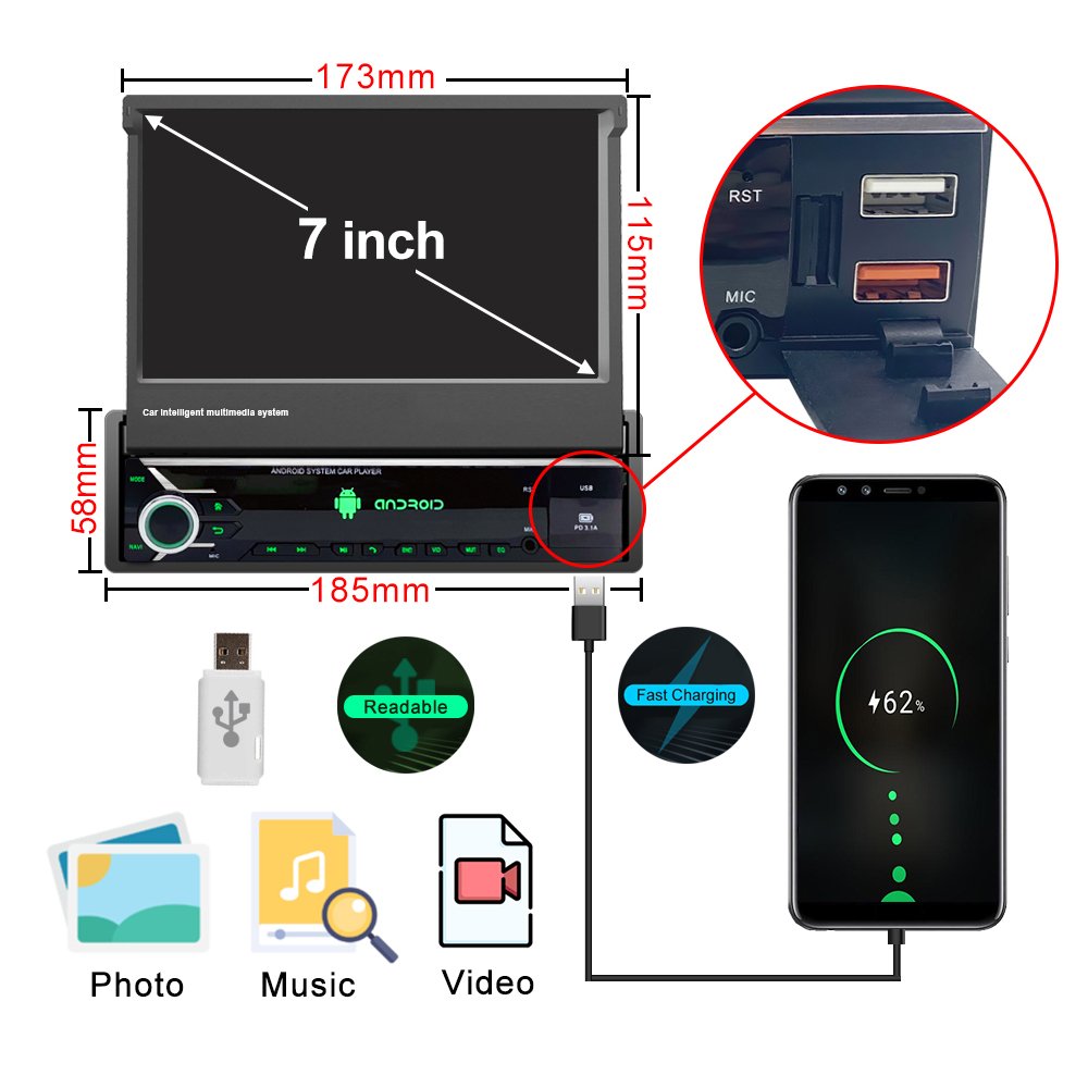 LEHX Android 12 Auto 1Din Multimedia Player 7'' Universal Retractable Screen Car Radio MP5 GPS Navigation Carplay 1 DIN Stereo