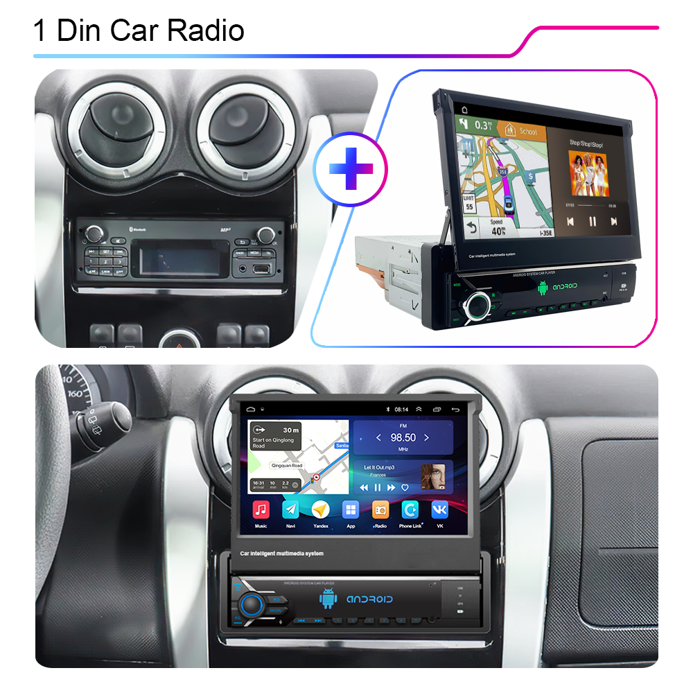 LEHX Android 12 Auto 1Din Multimedia Player 7'' Universal Retractable Screen Car Radio MP5 GPS Navigation Carplay 1 DIN Stereo