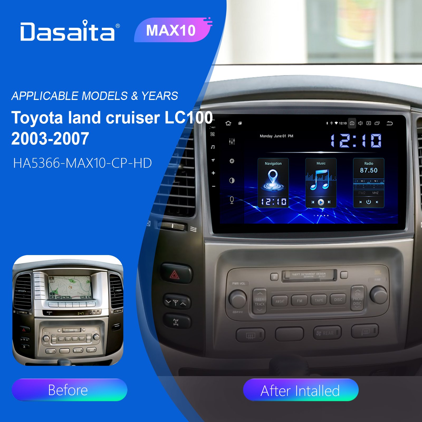 Dasaita 10.2 inch For Toyota land cruiser LC100 2003-2007 Car Radio IPS touch screen 1280*720 Carplay Wifi 4+64G GPS Navigation