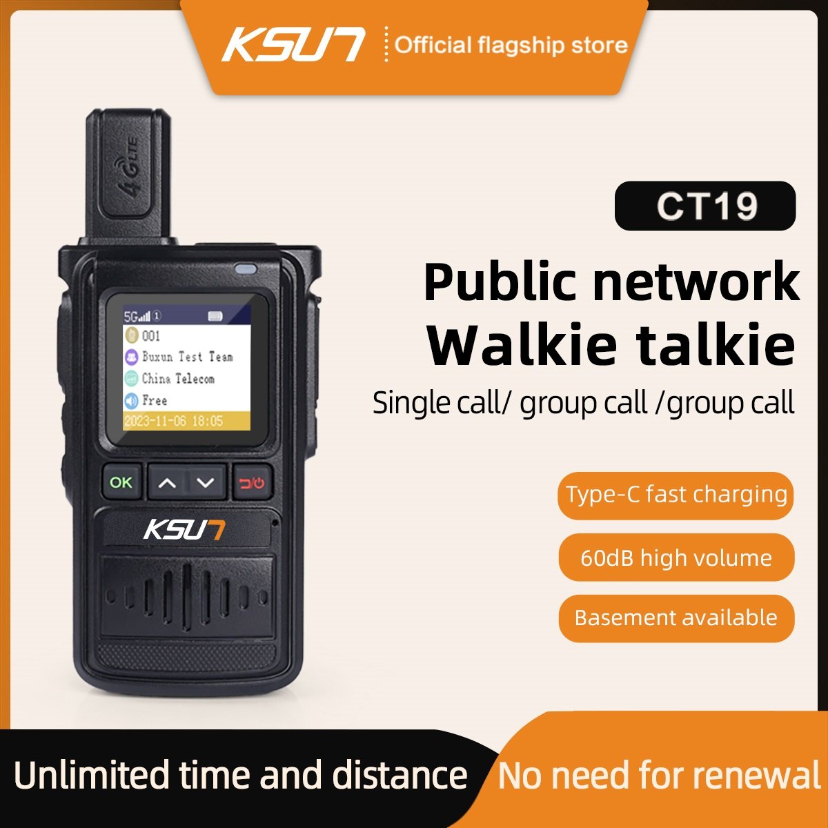 KSUN CT19 POC Global Network Radio 4G Walkie Talkie Type-C IP55 GPS PTT Two Way Radio