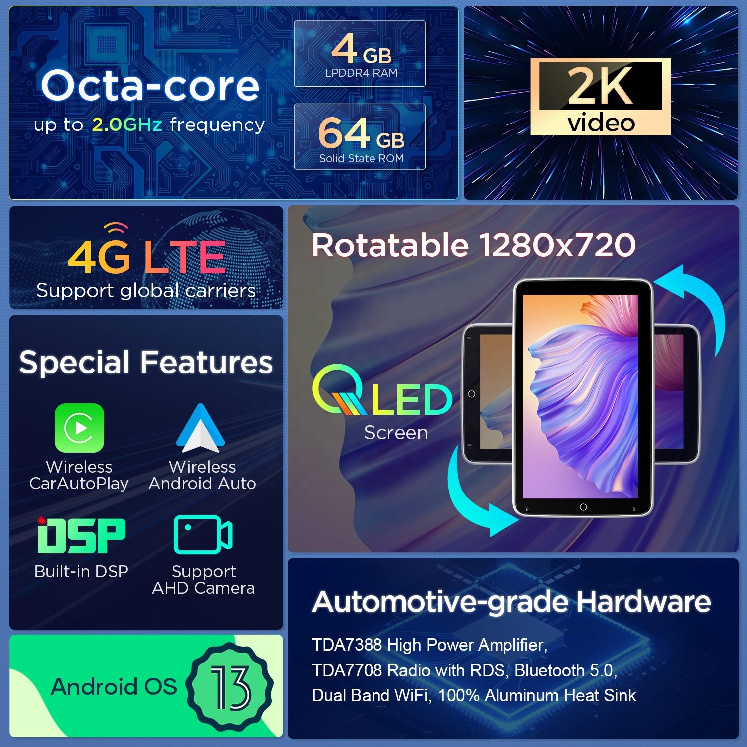 XTRONS 10.1" Rotatable QLED Car Screen Android Universal Single Din Car Stereo Carplay Android Auto 4G LTE Car Radio