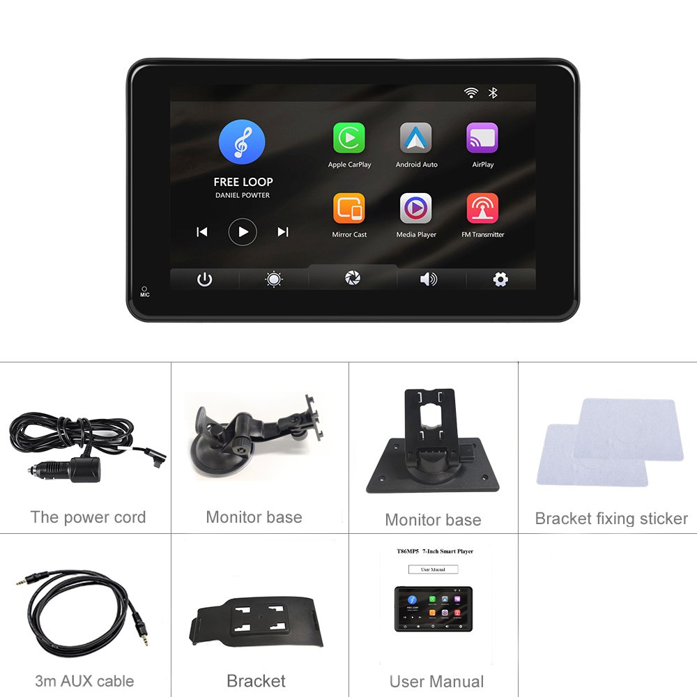 Podofo 7'' Portable Car Radio Stereo Autoradio Wireless Carplay Android Auto Wifi BT Touch Screen Smart Monitor Tablet TV