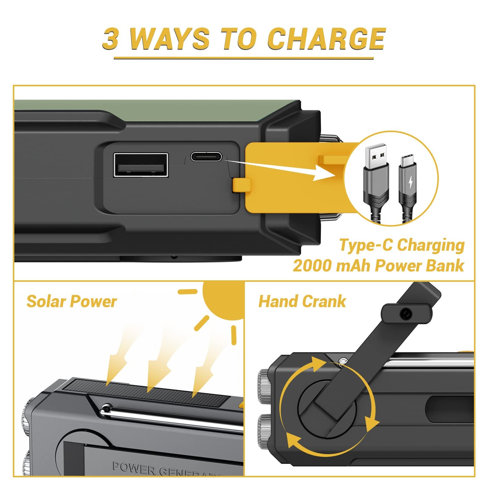 High Quality 2000mAh Emerncy Solar Hand Crank Charr Multifunctional Portable Radio With Speaker Weather-Resistant Use