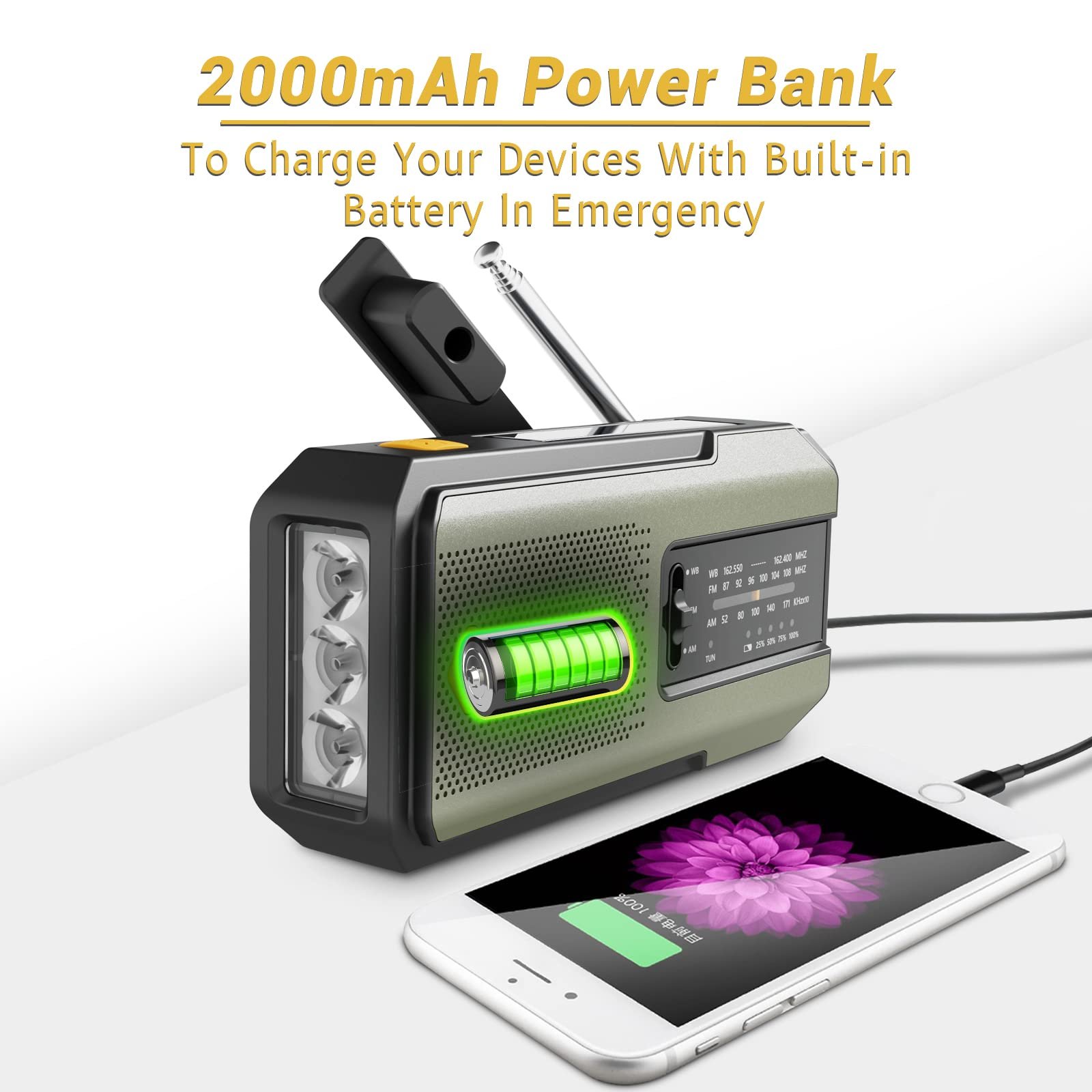 High Quality 2000mAh Emerncy Solar Hand Crank Charr Multifunctional Portable Radio With Speaker Weather-Resistant Use