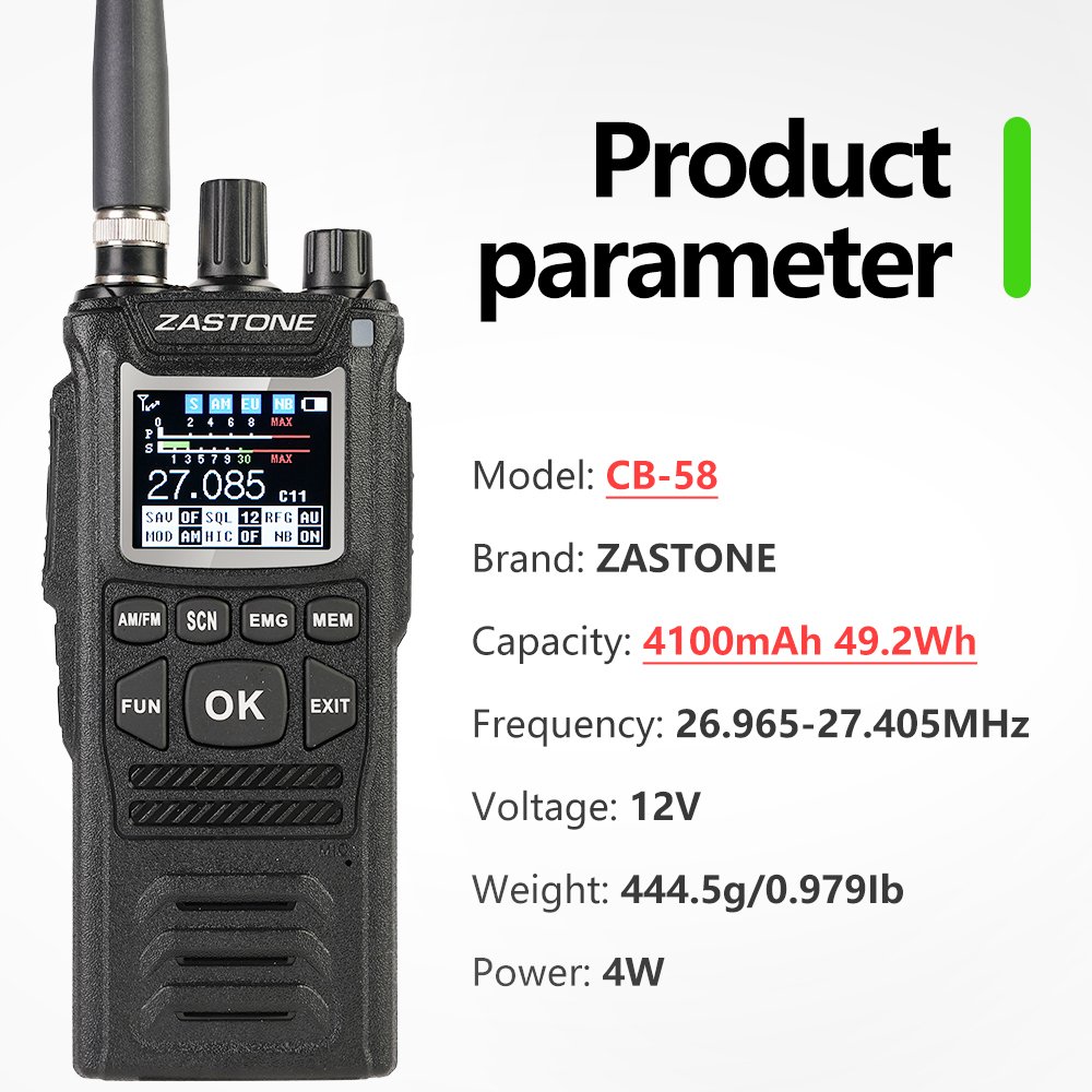 Zastone CB58 Handheld Walkie Talkie 27MHz CB Radio HAM 5W 12V all 240 CB channels 26 to 29MHZ FM AM Mode Citizen Band Radio