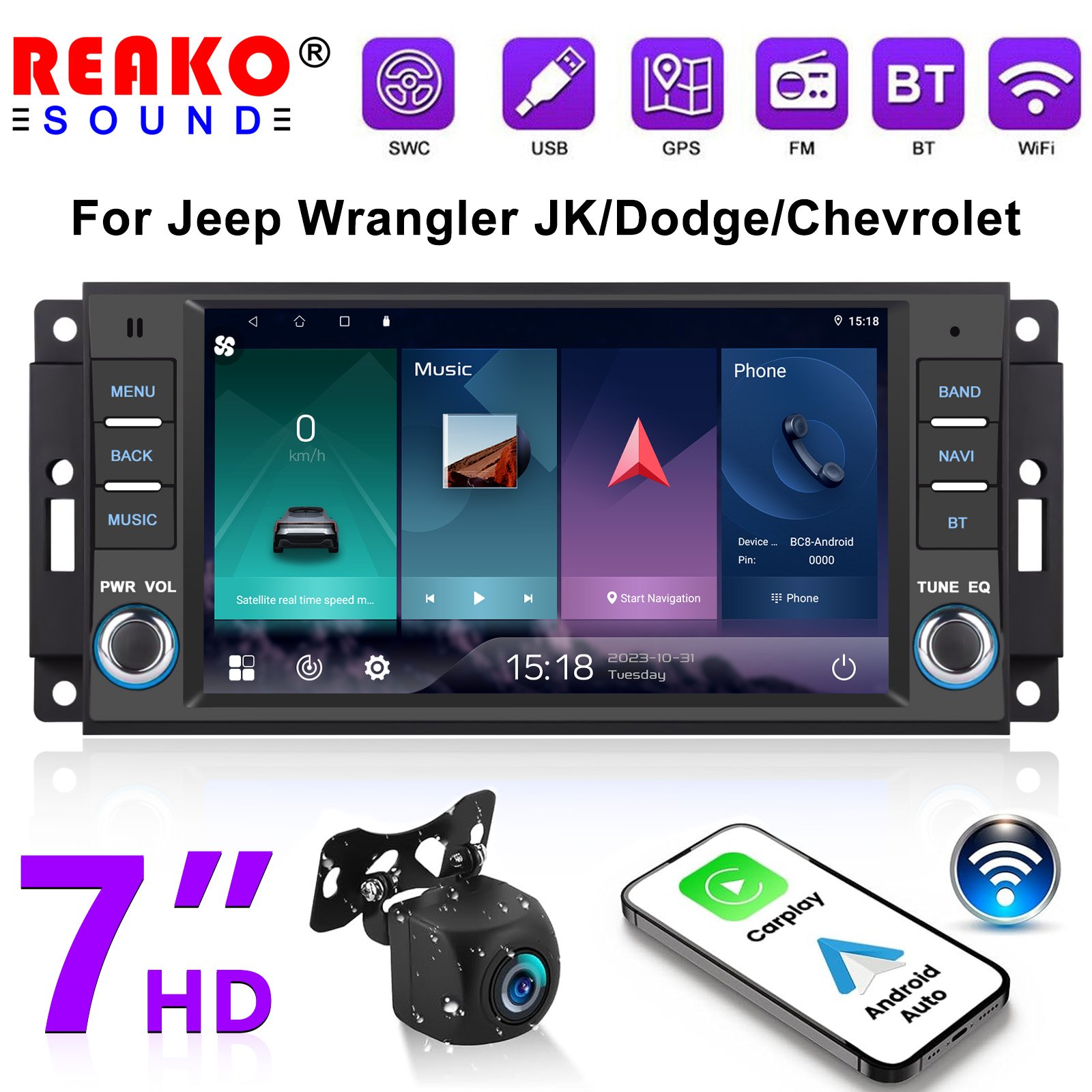 For Jeep Wrangler JK/Dodge/Chevrolet 7'' Android Car Radio Carplay Android Auto Mirrorlink DSP Rear View FM BT GPS WIFI SWC