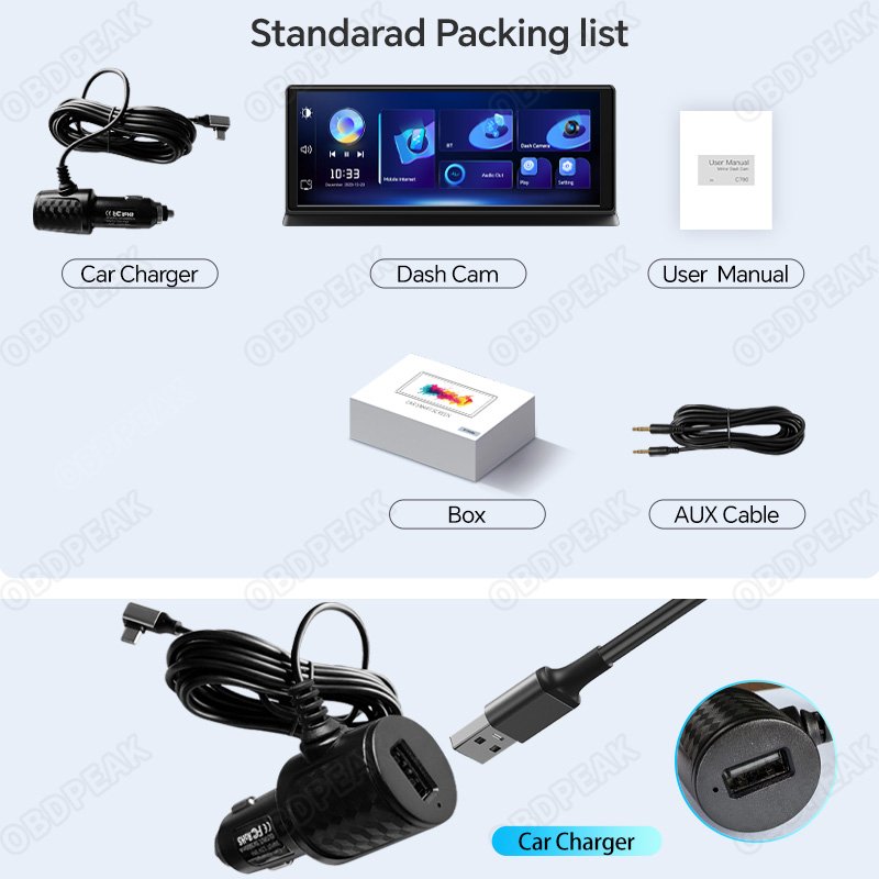 OBDPEAK 3in1 11.3" Portable CarPlay Screen Android Auto Car Stereo Radio Rear Camera Monitor Kits Dash Cam DVR Auto Electronics