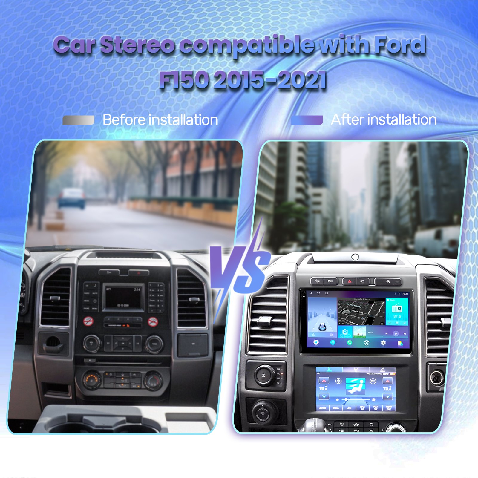 8 Core 4+64g Ford F150 Car Radio 9+7 inch Car Stereo GPS Navigation For Ford F150 2015-2021 Up And Down Screens