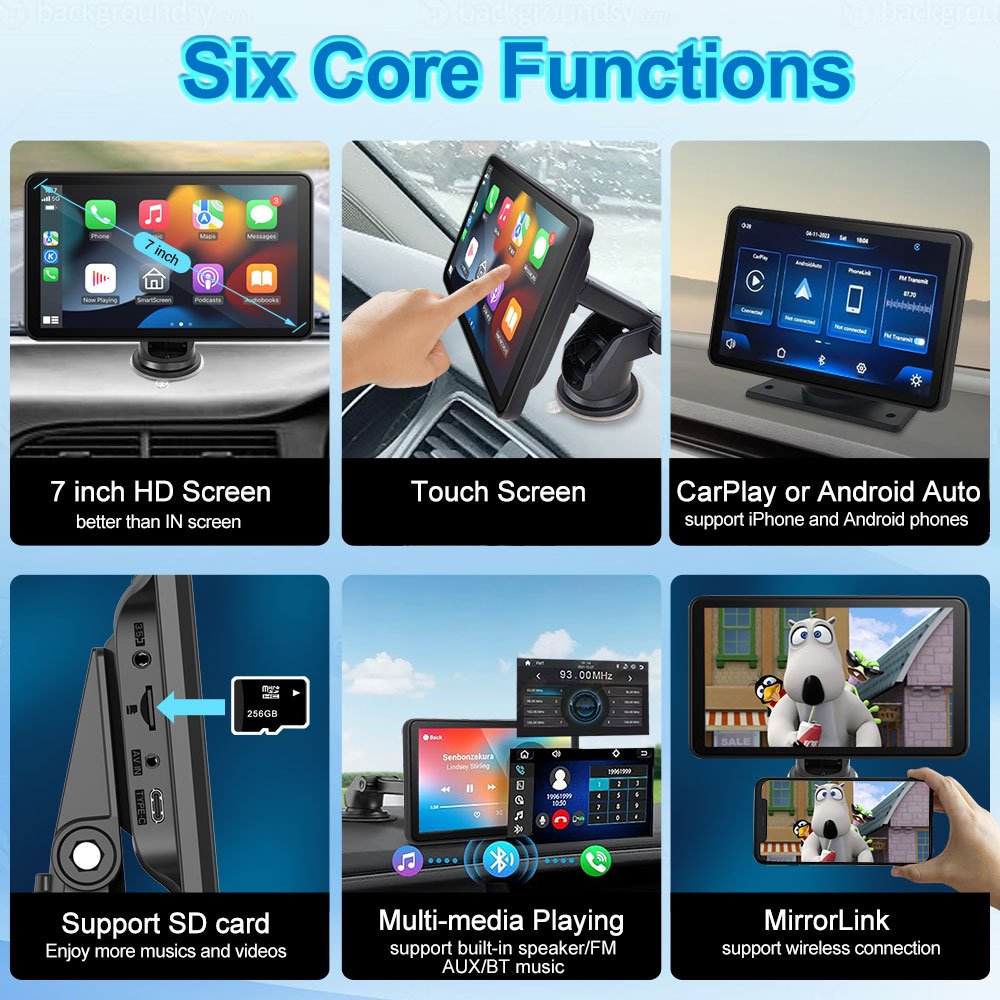 Ushilife Portable Wireless Carplay Android Auto Car Radio 7 Inch Touch Screen GPS BT FM Smart Car Monitor