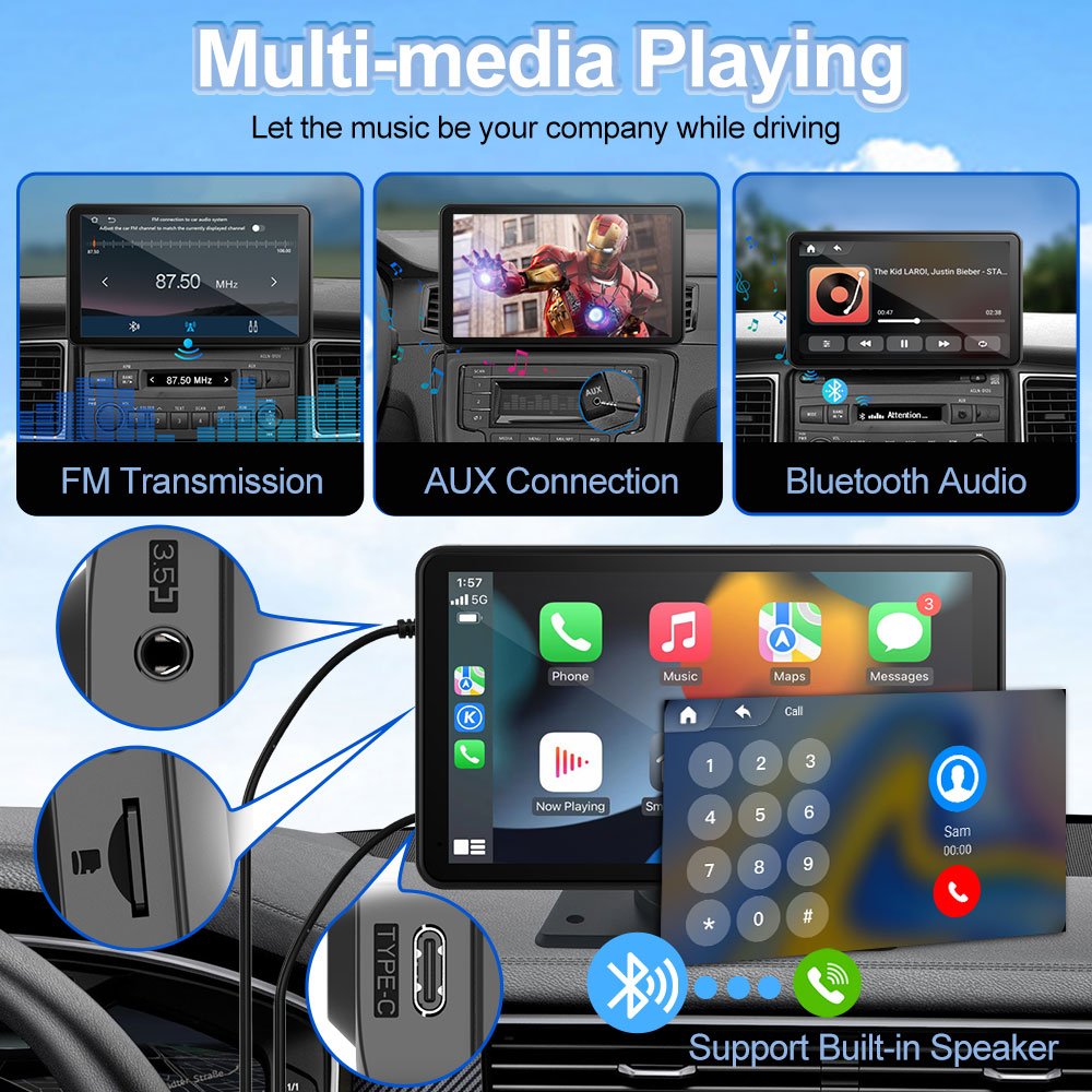 Ushilife Portable Wireless Carplay Android Auto Car Radio 7 Inch Touch Screen GPS BT FM Smart Car Monitor
