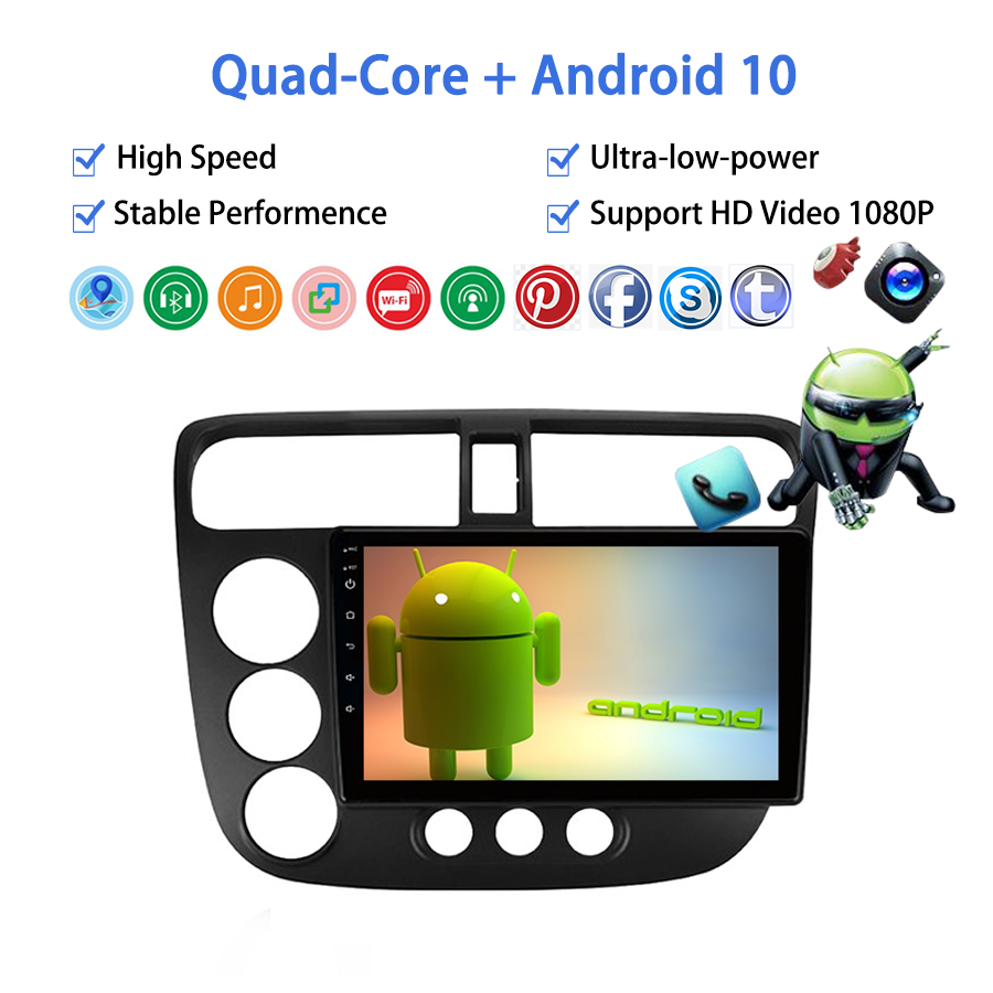 For HONDA CIVIC LHD 2001-2005 Car Multimedia Player 9" Android 10 Car Radio with GPS WiFi OBD2 DAB+ Audio video