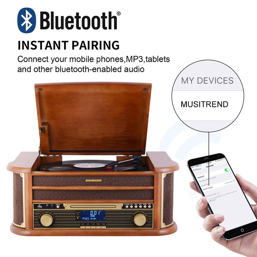 3 Speed 4 In 1 Phonograph Vinyl Turntable Player Classic With Dab Fm radio/turntable/CD Cassette Player/USB Encoding