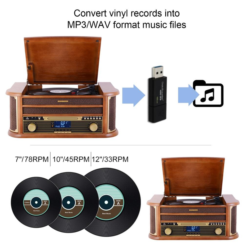 3 Speed 4 In 1 Phonograph Vinyl Turntable Player Classic With Dab Fm radio/turntable/CD Cassette Player/USB Encoding