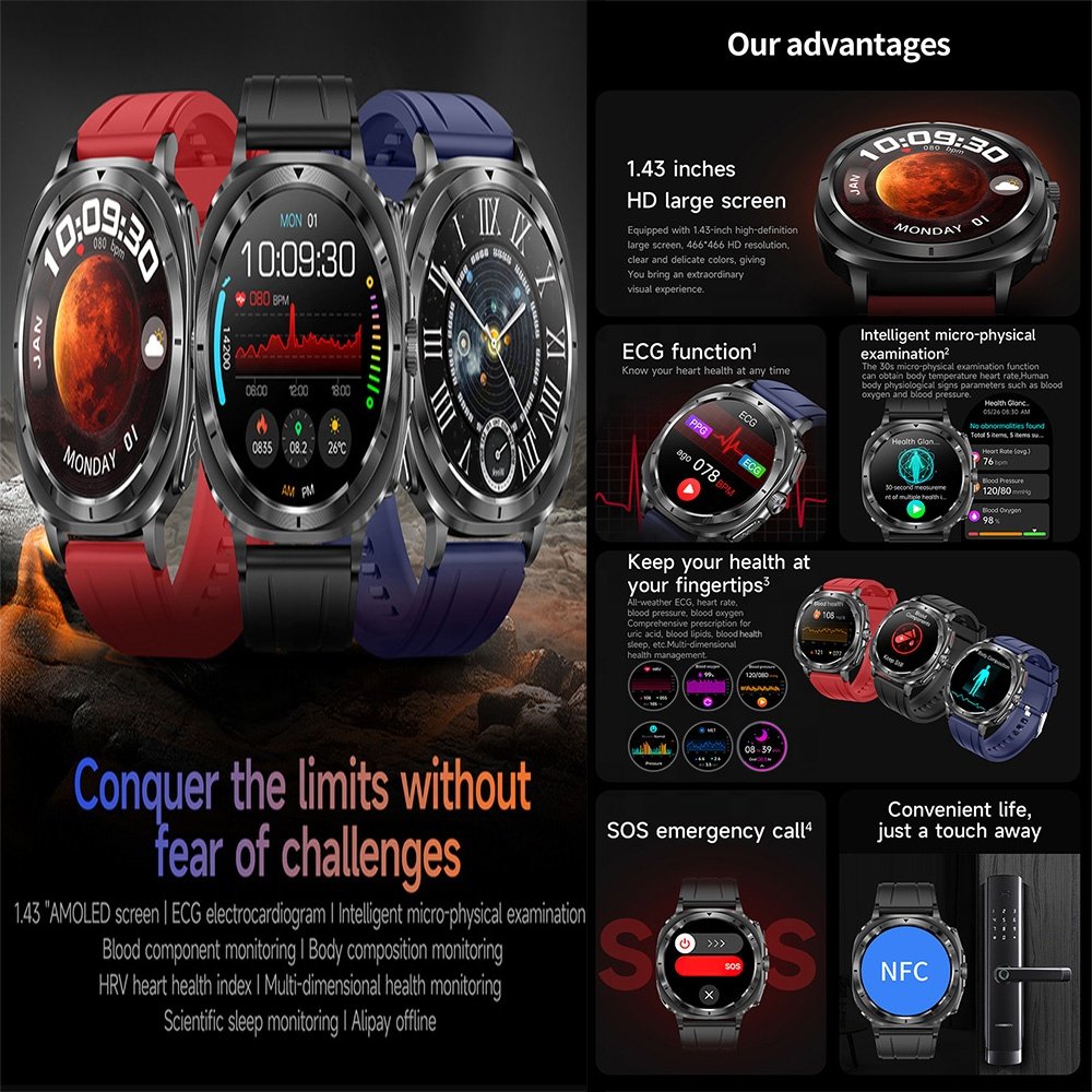 Multifunctional AMOLED BT SOS emergency call ECG HRV blood health monitoring ET492 smartwatch NFC Alipay smart watch ET492