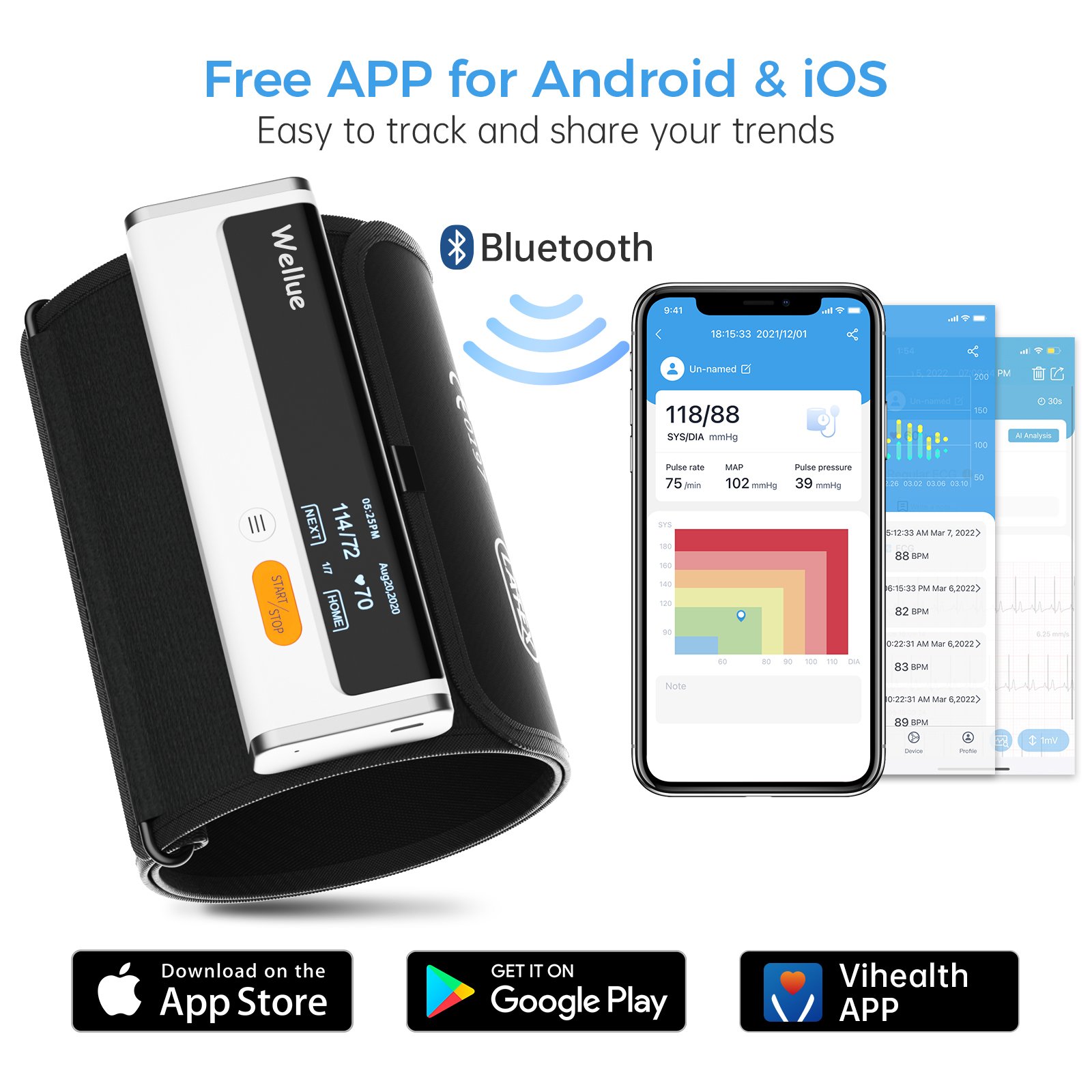 Checkme BP2 is the Best Sell Upper Arm Rechargeable Blood Pressure Monitor that can Connect to Our Vihealth App with Bluetooth