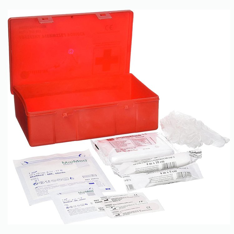 personal plastic PP first aid kit box case with blood pressure monitor and spray refills for industrial workshop home