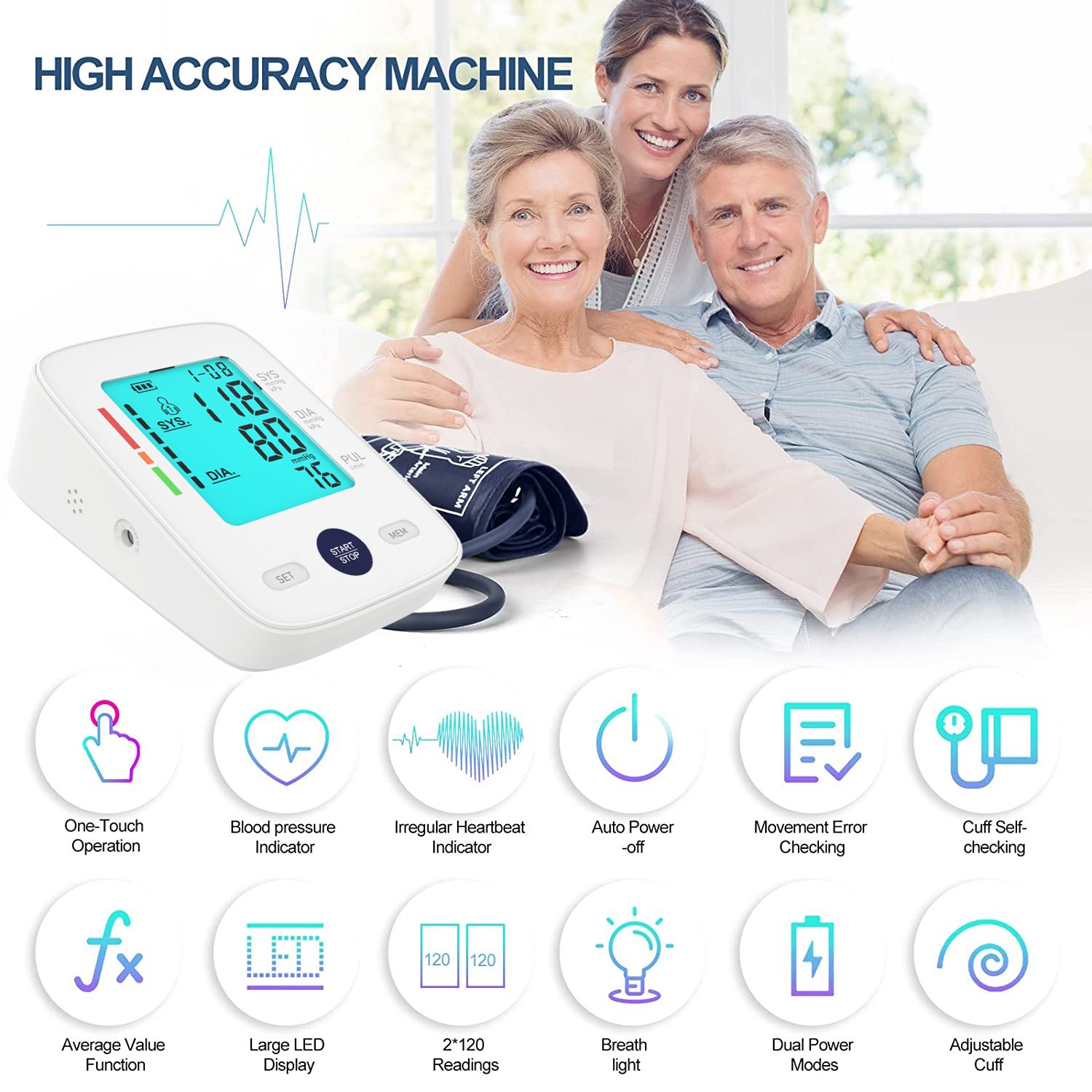 Blood Pressure Machine LED Display Automatic Sphygmomanometer Digital Blood Pressure Monitors with Large Cuff BP Monitor