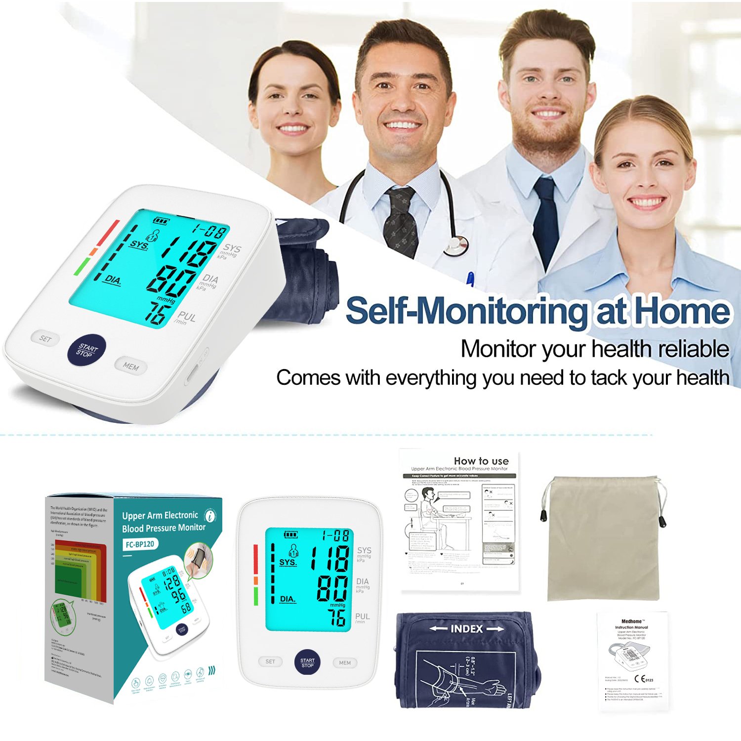 High Capacity Lithium Battery Medical Upper Arm Blood Pressure Monitor for Family Use