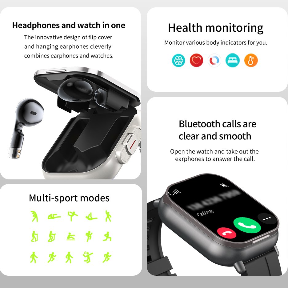 2 in 1 SmartWatch with TWS Earbuds Wireless Headphone Health Monitoring Fitness Record Reminders men women smart watches