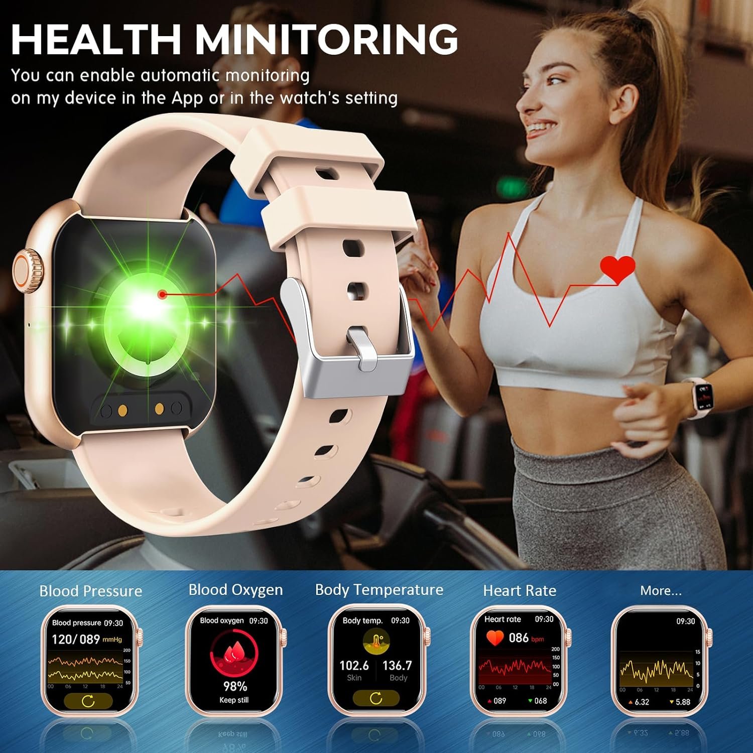 Smartwatch with Blood Pressure Monitor Heart Rate Monitor Body Temperature Bluetooth Watch Make/Answer Call IP67 Waterproof