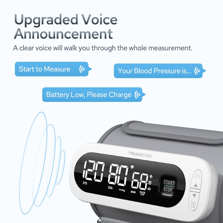 TRANSTEK Rechargeable LED All-in-one Digital BP Machine Arm Blood Pressure Measuring Device Sphygmomanometer with Bluetooth