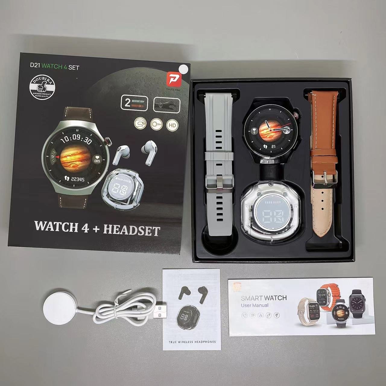 Sports watches D21 watch 4 set with 1.52 inch HD screen 2 straps 1 fashion earphone Bluetooth call and Blood Pressure Monitoring