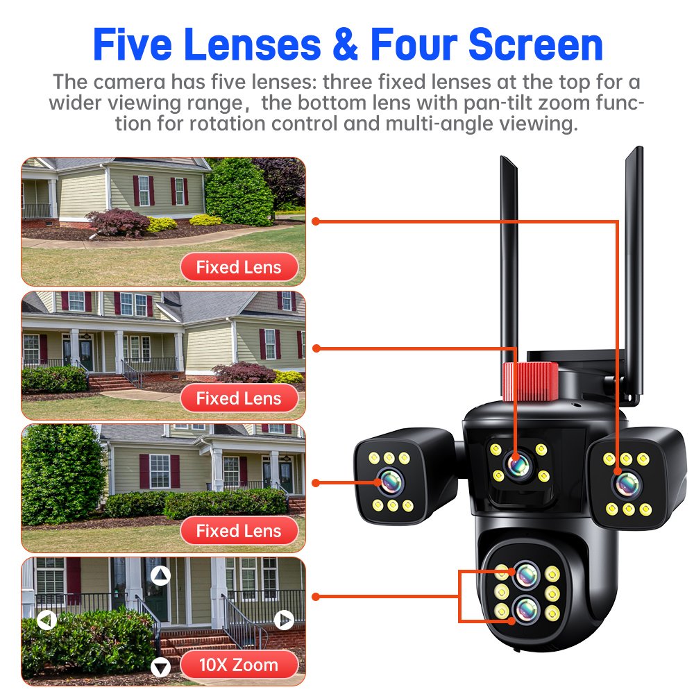 DIFANG 10X Zoom WIFI Security Camera Outdoor, Color Night Vision, Two-Way audio, motion sensor wireless 4 Screen CCTV IP Camera