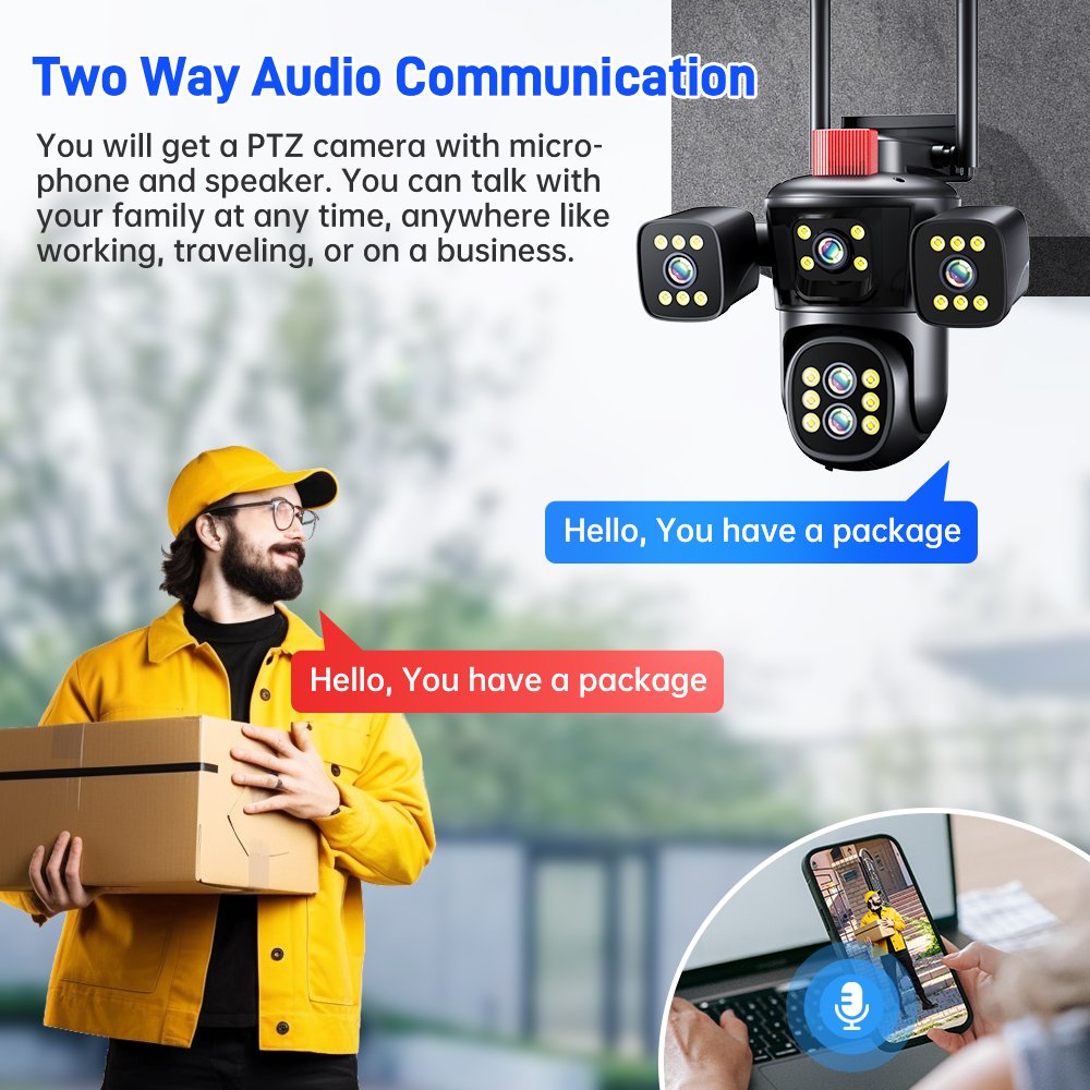 DIFANG 10X Zoom WIFI Security Camera Outdoor, Color Night Vision, Two-Way audio, motion sensor wireless 4 Screen CCTV IP Camera