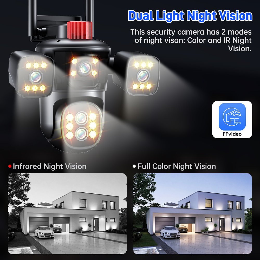 DIFANG 10X Zoom WIFI Security Camera Outdoor, Color Night Vision, Two-Way audio, motion sensor wireless 4 Screen CCTV IP Camera