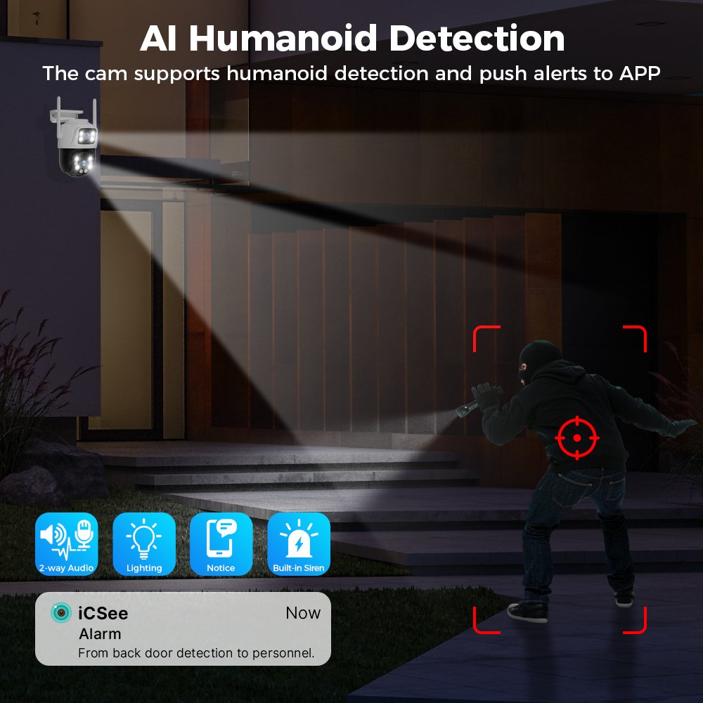 Dual Screen Alarm Linkage iCSee 6MP CCTV Outdoor PTZ Surveillance IP Wireless Home Security WiFi Dual Lens Camera