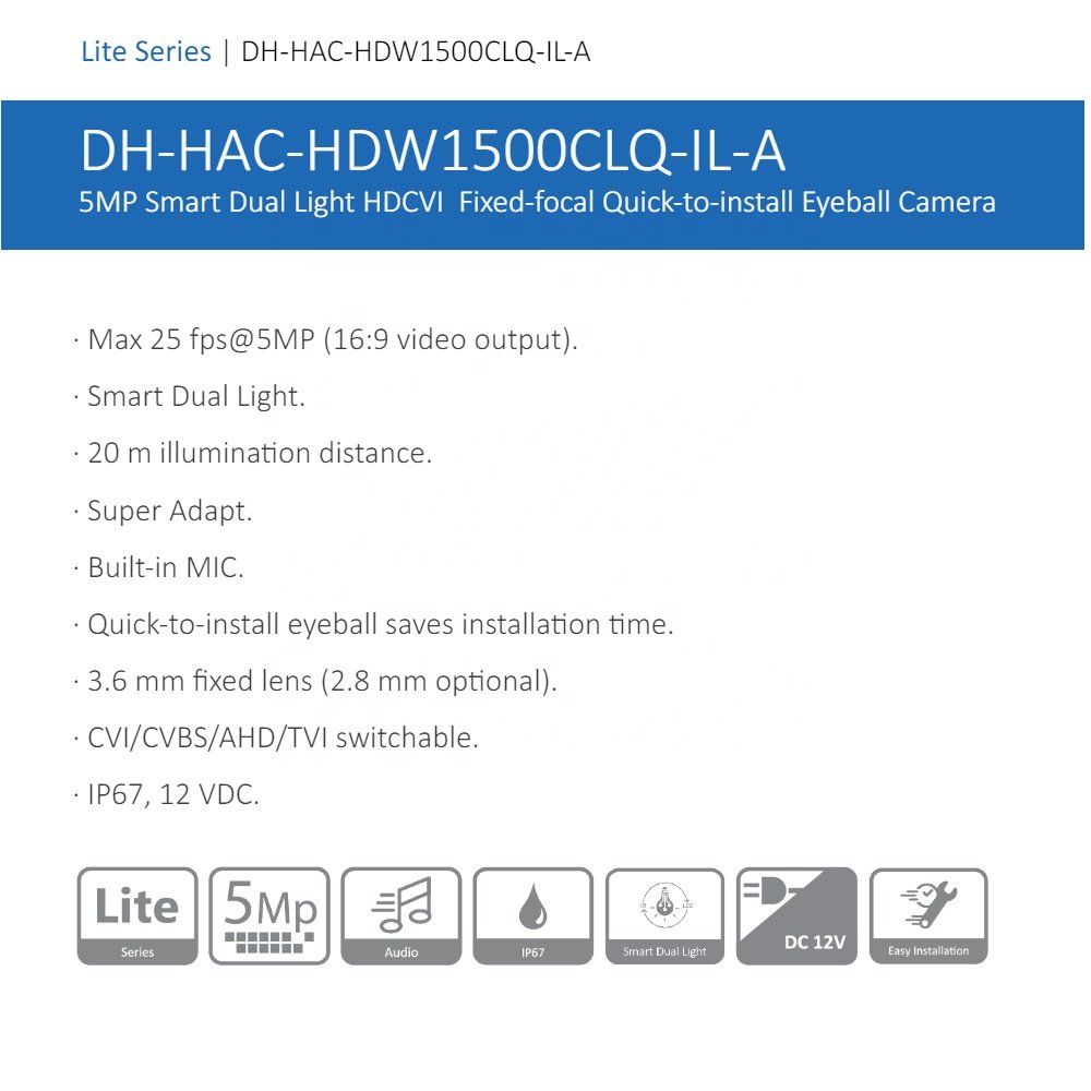 HAC-HDW1500CLQ-IL-A Dahua 5MP Smart Dual Light Full Color Night Vision Eyeball Turret Analog CVI/CVBS/AHD/TVI CCTV HDCVI Camera