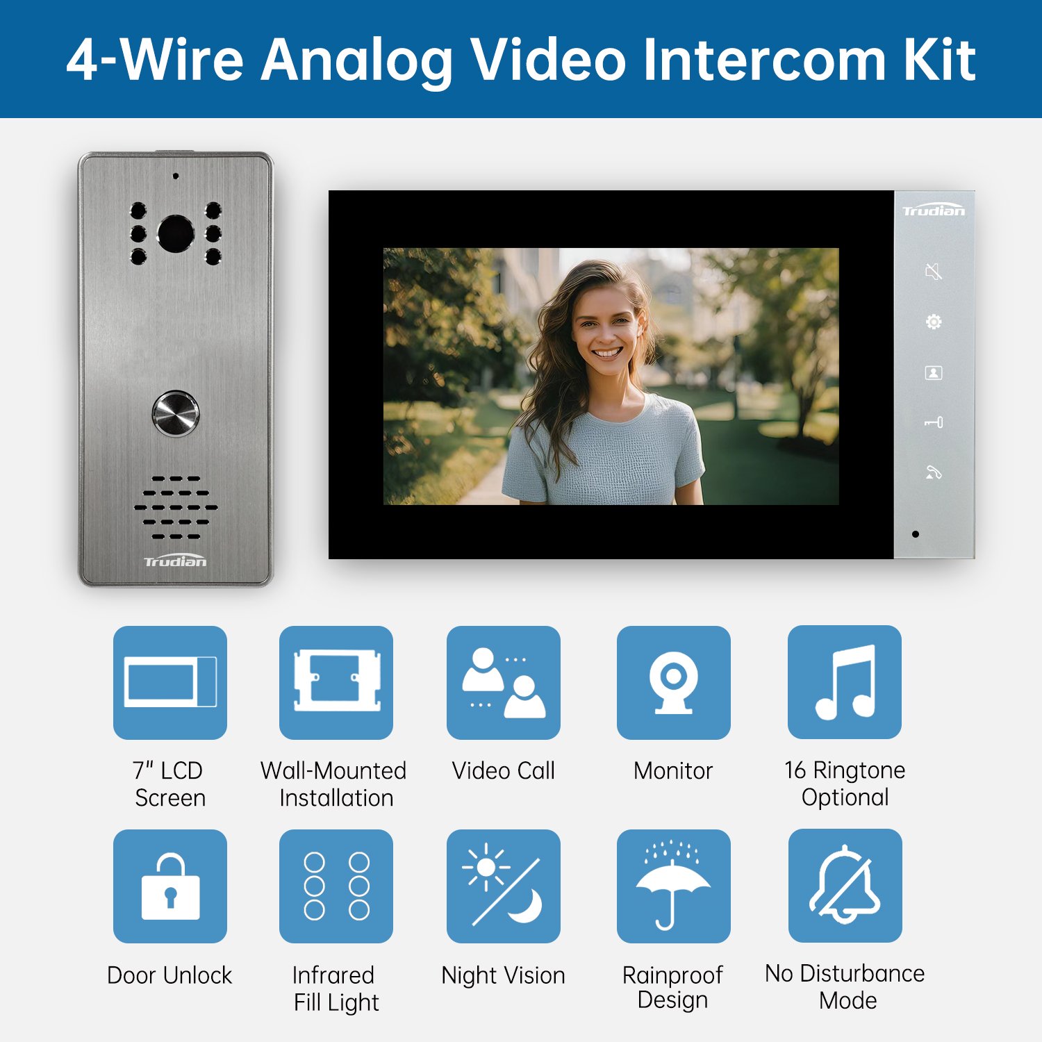 Trudian 7 inch Monitor IP65 Touch Keypad Smart Analog signals 2-way audio 4 Wired Video Doorphone Intercom for villa