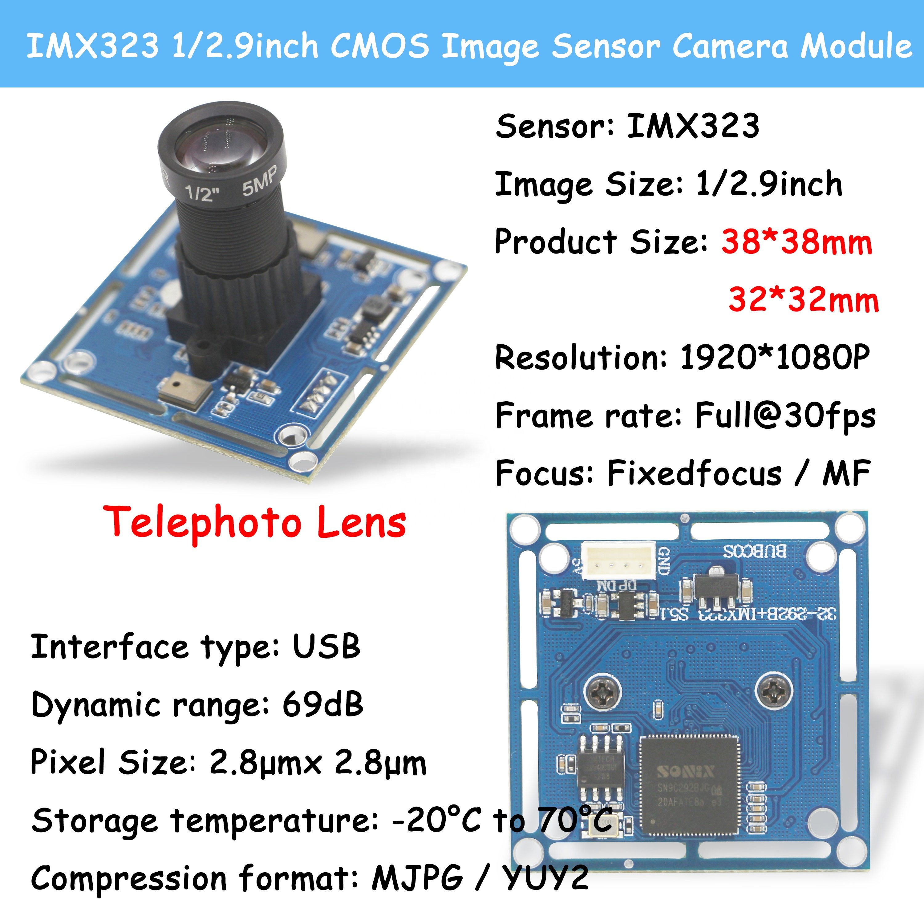 OEM IMX323 HD 2Megapixel Low Light 15 Degree Fov MF Telephoto Wide Angle Lens Cmos image Sensor Mini Camera Module 1080P