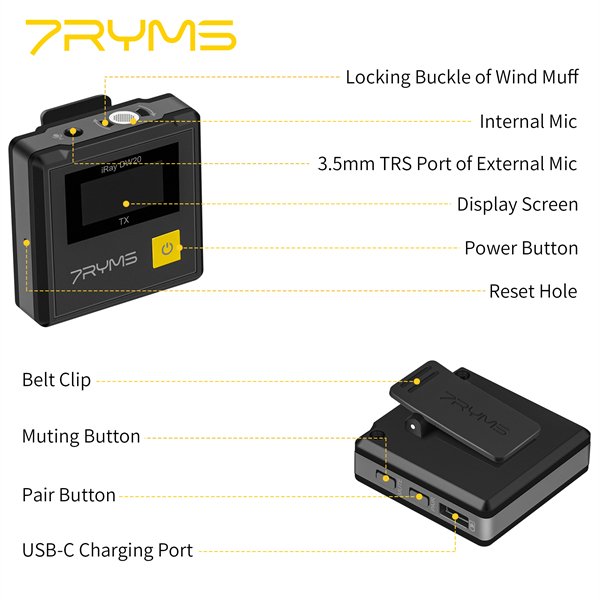 7RYMS iRay DW20 (A) 2.4G Dual-channel Wireless Microphone Compatible with Smartphone Computer Camera for VIdeo Shooting