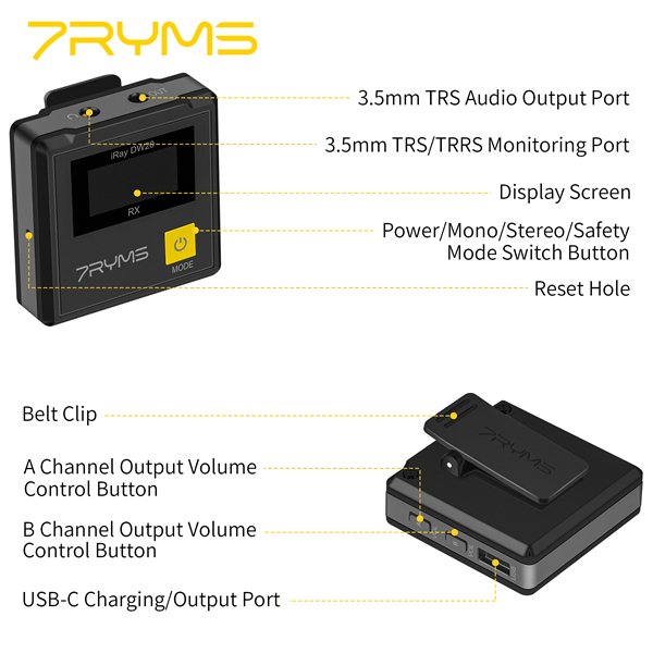 7RYMS iRay DW20 (A) 2.4G Dual-channel Wireless Microphone Compatible with Smartphone Computer Camera for VIdeo Shooting