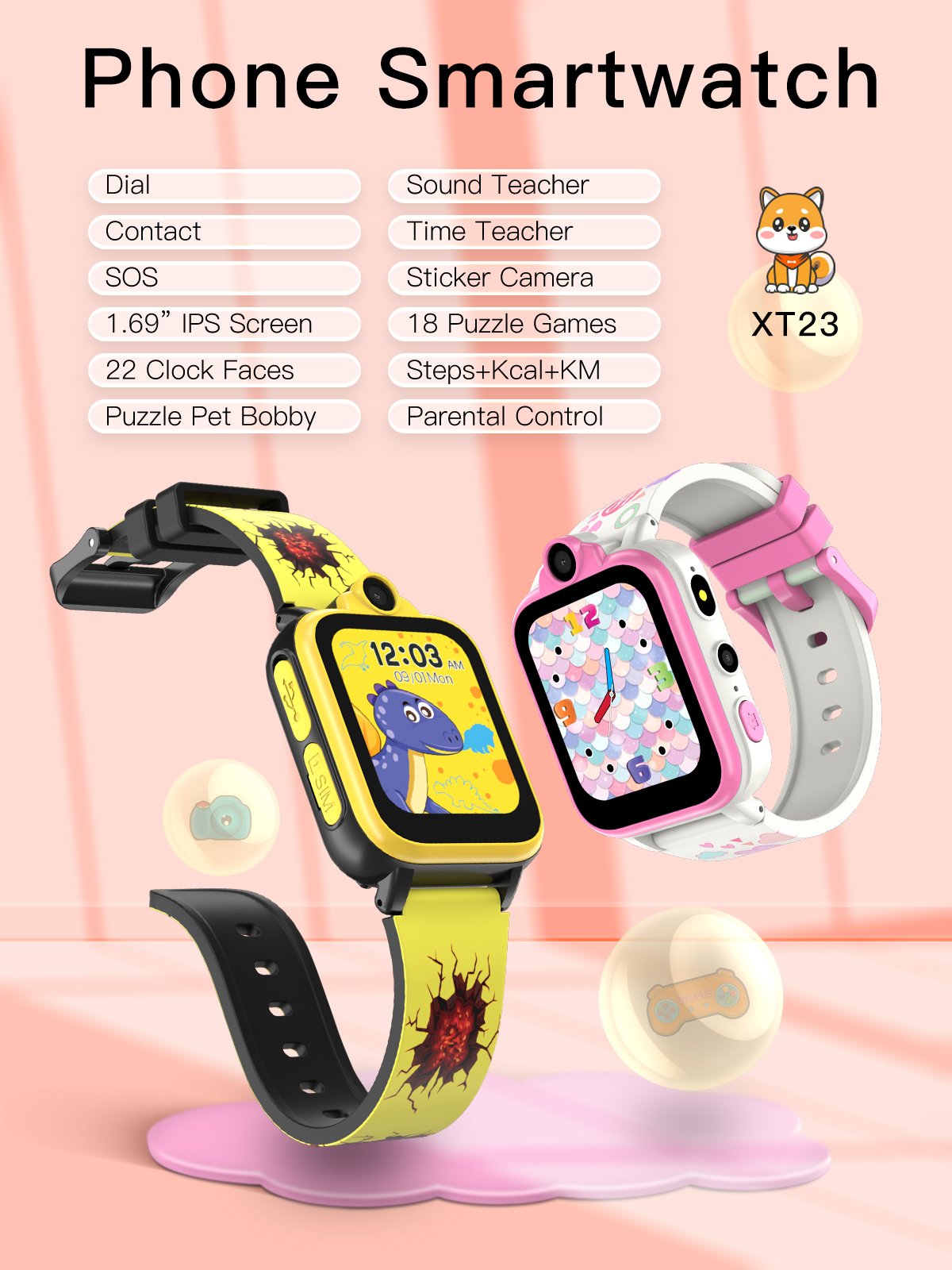 Hot selling FT23 2G Sim Card Kids Smart Watch With Puzzle Games Dual Camera SOS Time Sound Teacher Phone Call Smartwatch