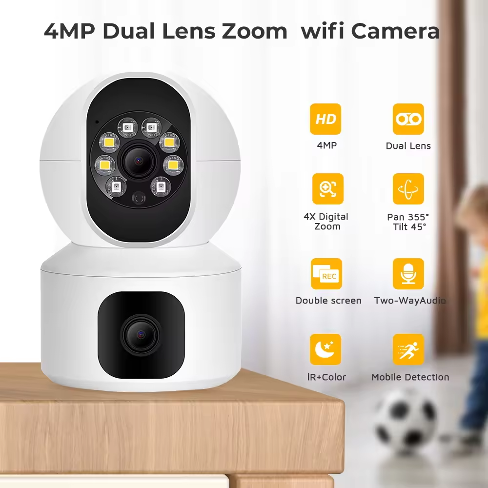 Icsee 4k 8x zoom 4mp dual lens wifi PTZ security camera outdoor wide angle viewing cctv camera SD Card Slot Bullet PTZ Smart